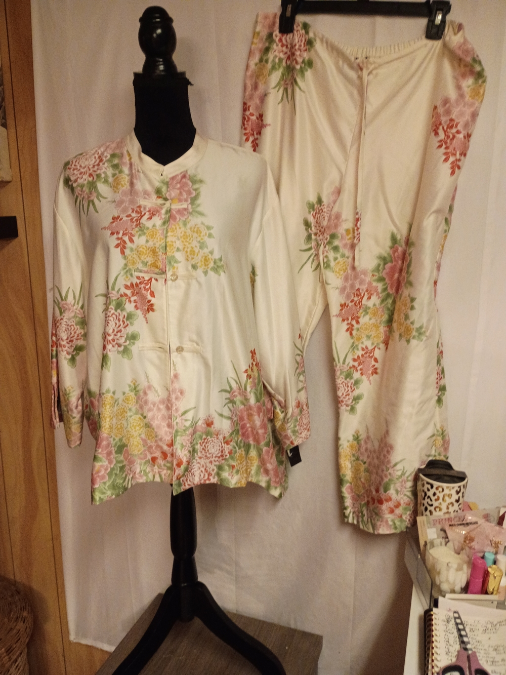 Natori Cream Floral Satin Pajama Set with Pink, Green and Yellow Flowers